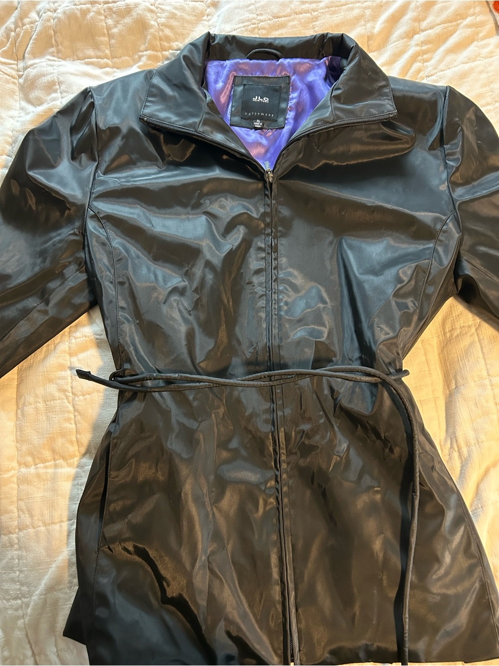 Women's Black Belted Trench Coat with Purple Lining